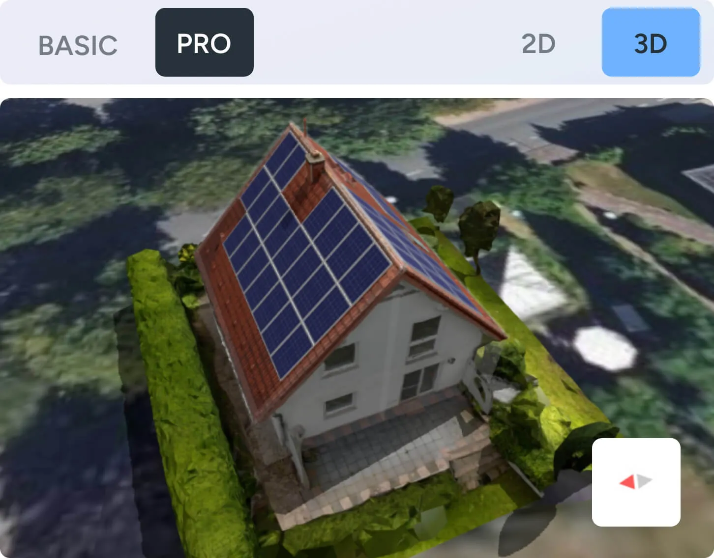 Ein 3D-Modell eines Hauses mit Solarmodulen auf dem Ziegeldach, darüber die Umschalter Basic und Pro sowie 2D und 3D