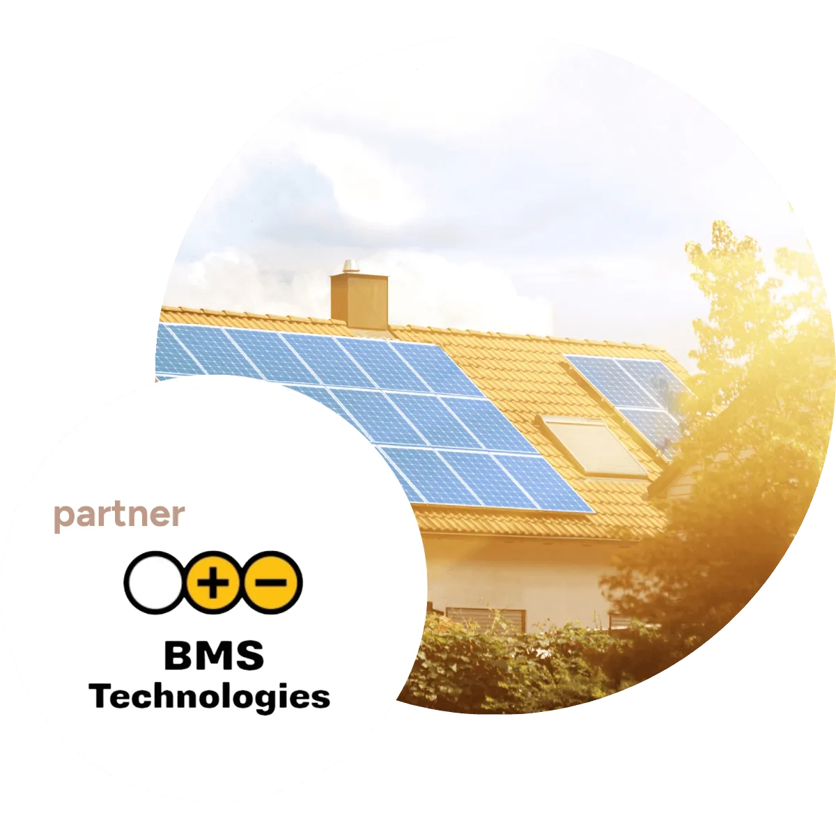 Solar panels on a tiled rooftop in sunlight, with the BMS Technologies partner logo