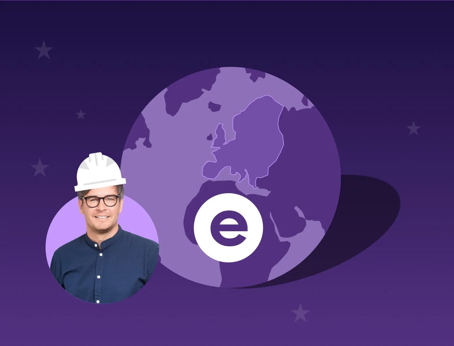Illustration von Gründer Matthias Wiget mit Helm neben einem violetten Globus, auf dem das Eturnity-Logo über Europa liegt