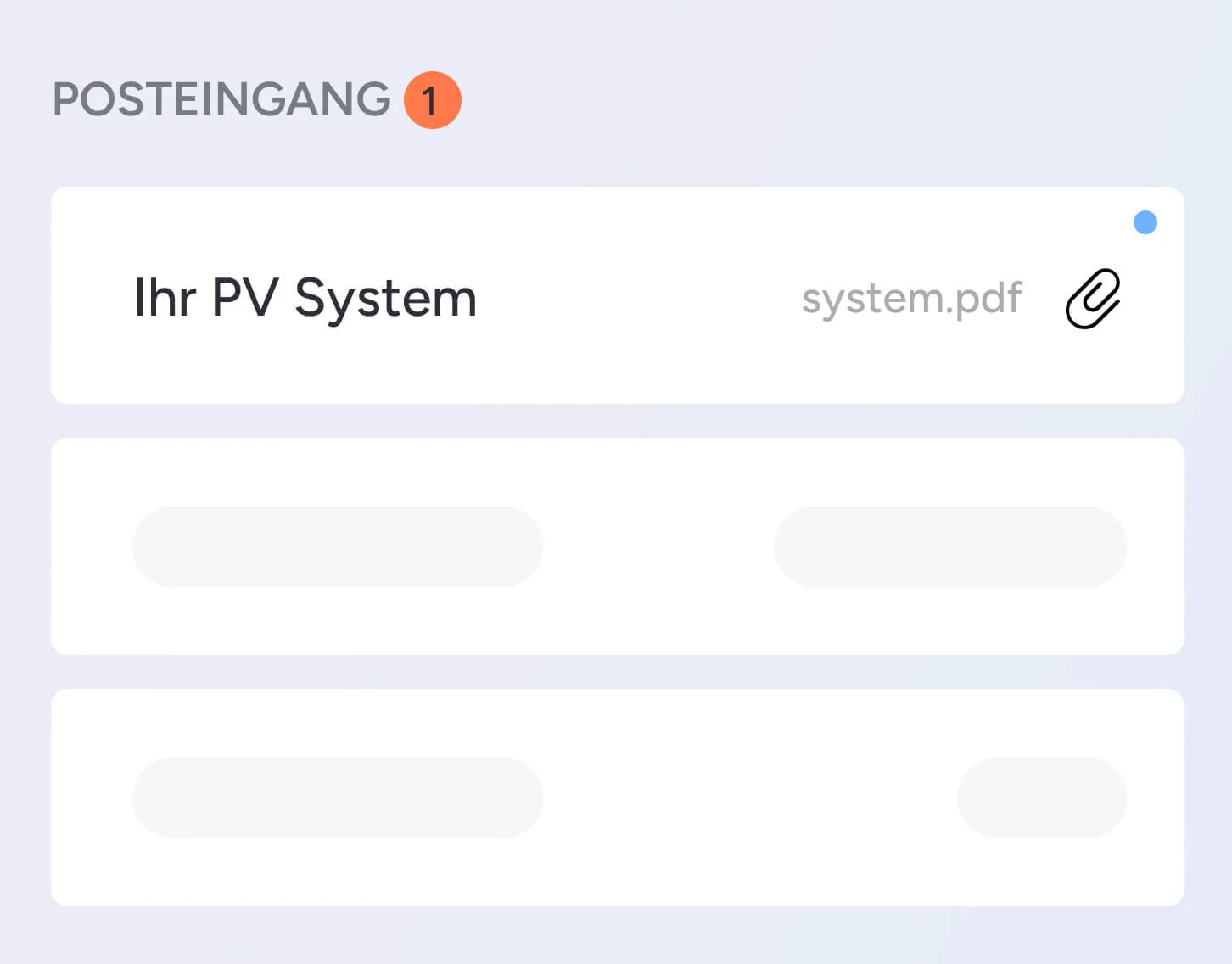 Ein Posteingang mit einer neuen Nachricht „Ihr PV System“ und der angehängten Datei system.pdf