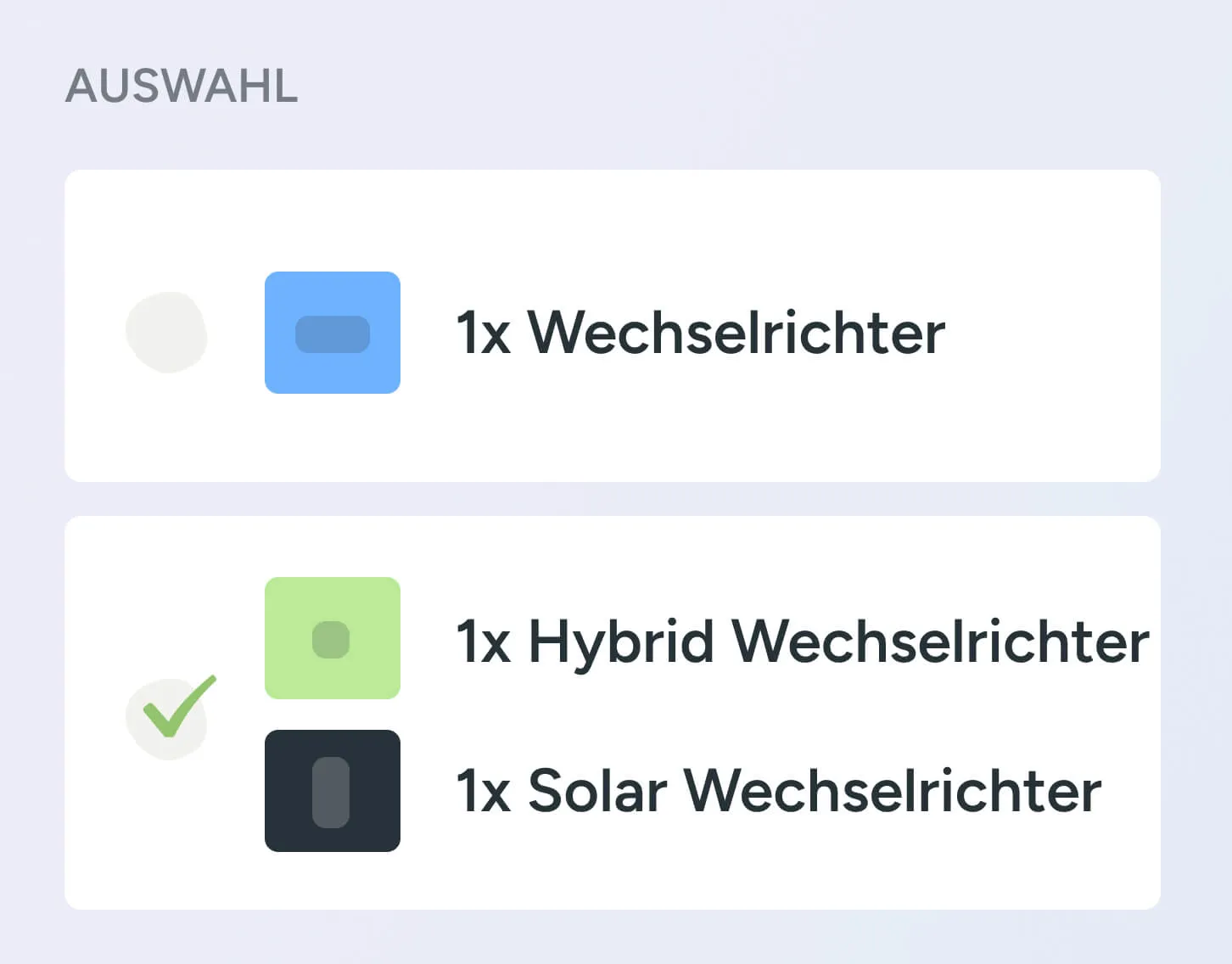 Eine Auswahl von Wechselrichtern: gewählt ist ein Hybrid-Wechselrichter mit einem Solar-Wechselrichter