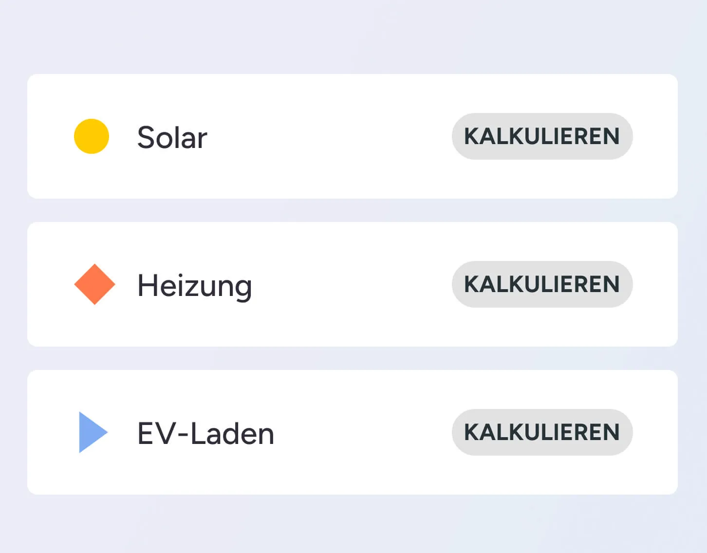 Drei Rechner für Solar, Heizung und EV-Laden, jeweils mit der Schaltfläche „Kalkulieren“