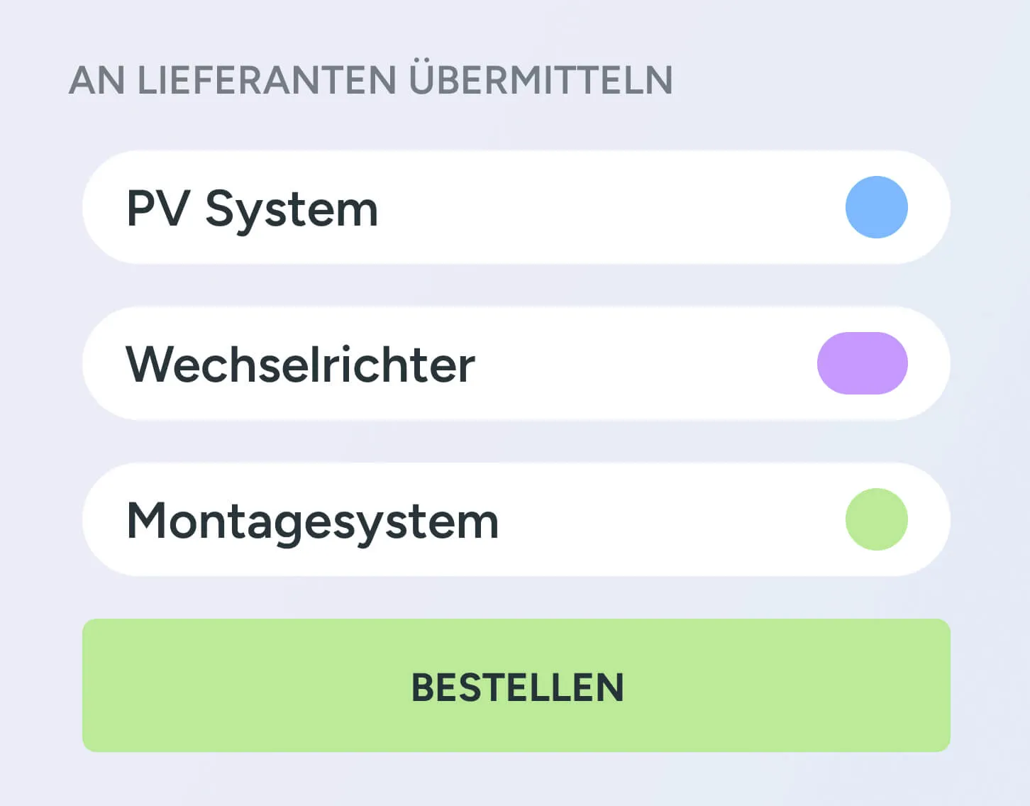 Die Auswahl „An Lieferanten übermitteln“ mit PV-System, Wechselrichter und Montagesystem und der Schaltfläche „Bestellen“