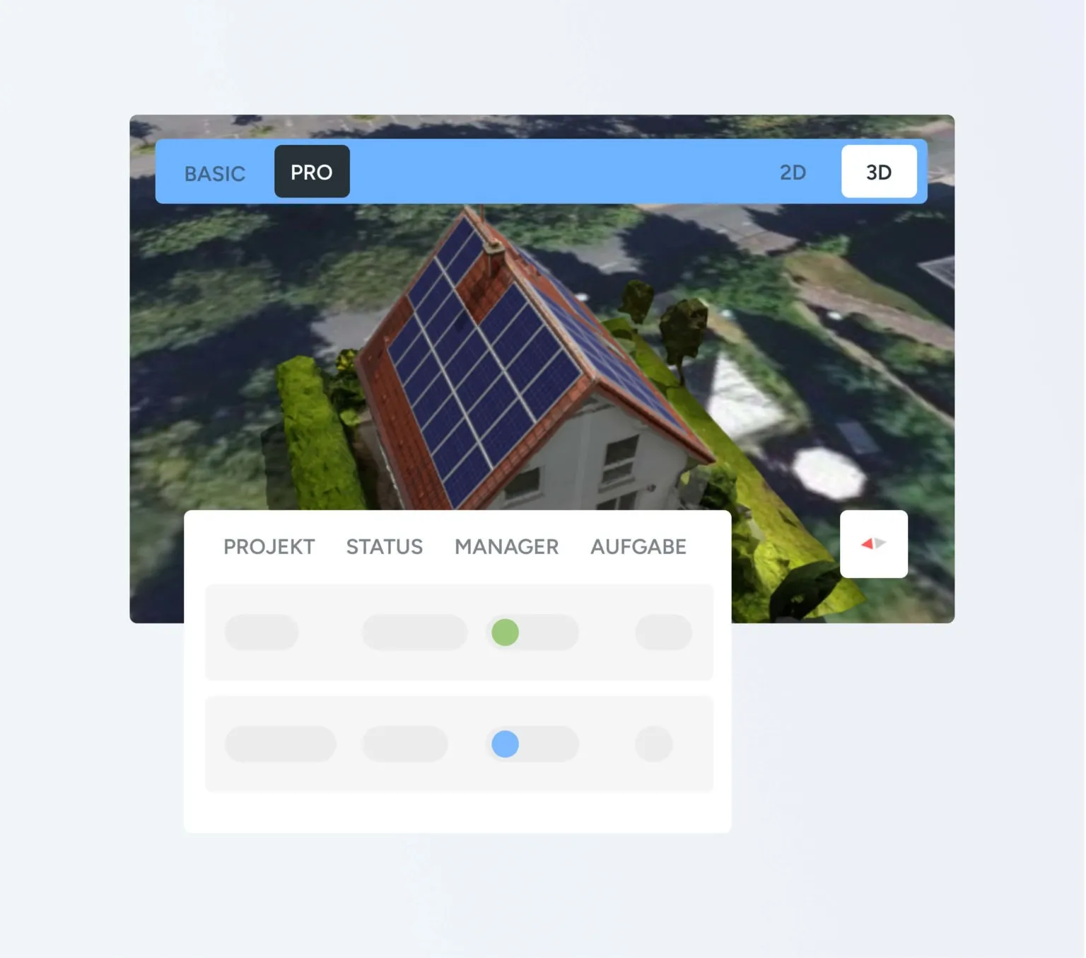 Ein 3D-Modell eines Hauses mit Solarmodulen auf dem Ziegeldach, darunter eine Projektliste mit Status, Manager und Aufgabe