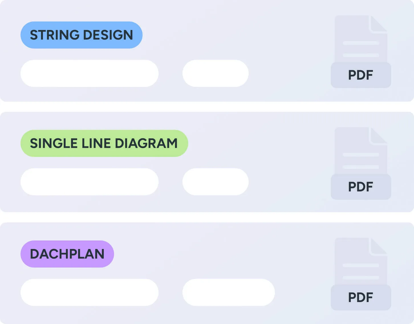 Drei Planungsdokumente als PDF: String-Design, Single Line Diagram und Dachplan