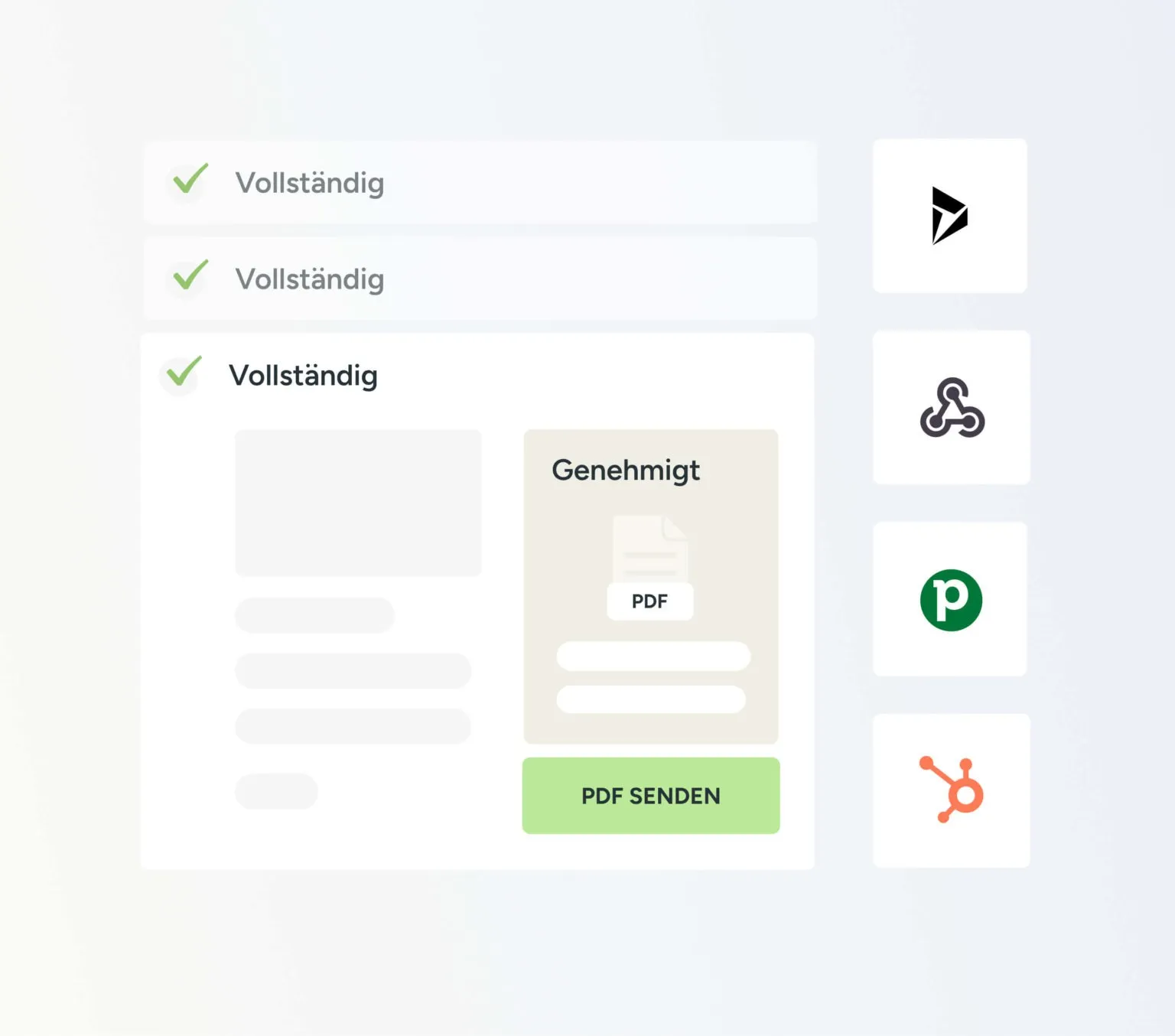 Drei Schritte mit Häkchen „Vollständig“, ein genehmigtes PDF mit der Schaltfläche „PDF senden“, daneben die Logos von Dynamics, Webhooks, Pipedrive und HubSpot