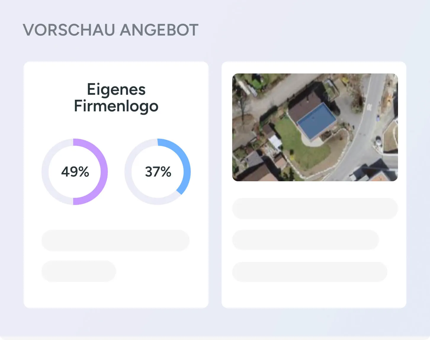 Die Vorschau eines Angebots mit eigenem Firmenlogo, zwei Kreisdiagrammen mit 49 % und 37 % und einem Luftbild des Hauses