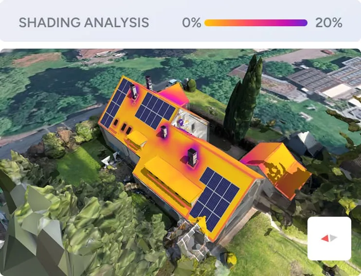 Eine 3D-Verschattungsanalyse eines Hauses, die Dachflächen sind von Gelb bis Violett nach Verschattung eingefärbt