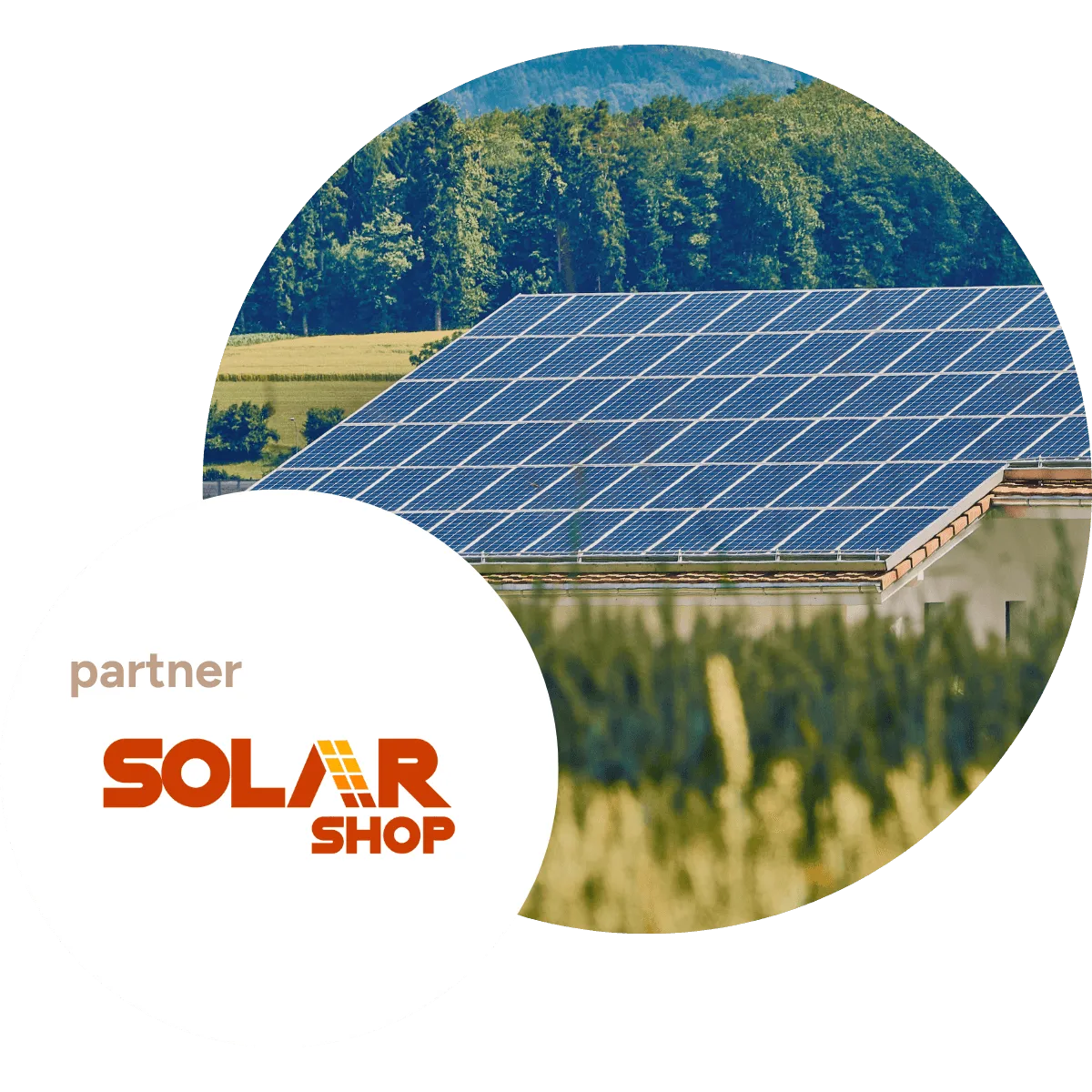 A rooftop solar panel array in front of a forest, with the Solarshop partner logo