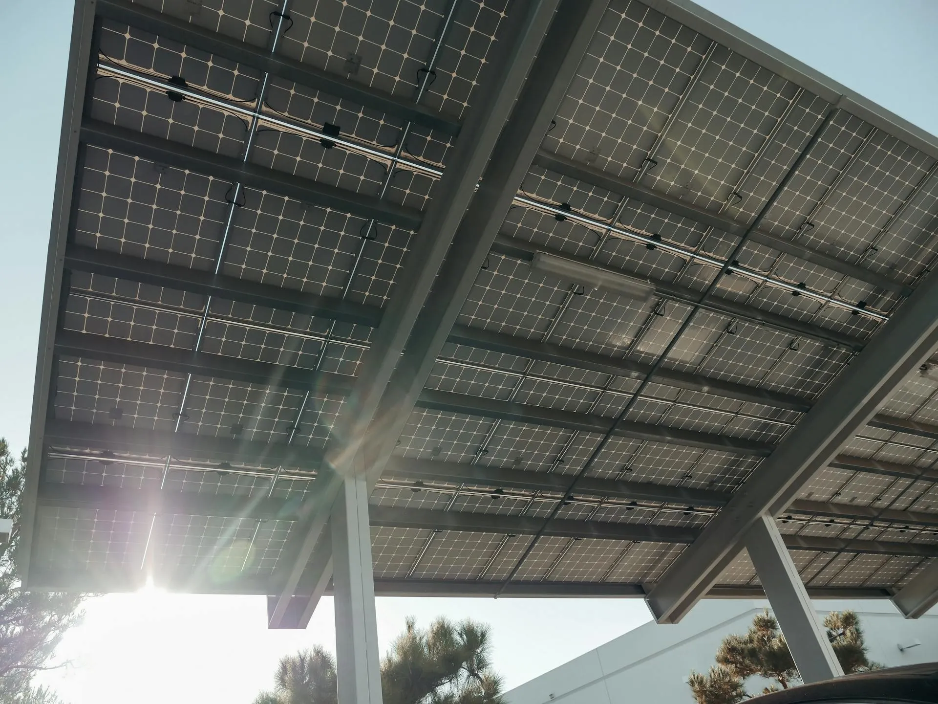 Blick von unten auf ein Solarcarport, durch dessen Module die Sonne scheint