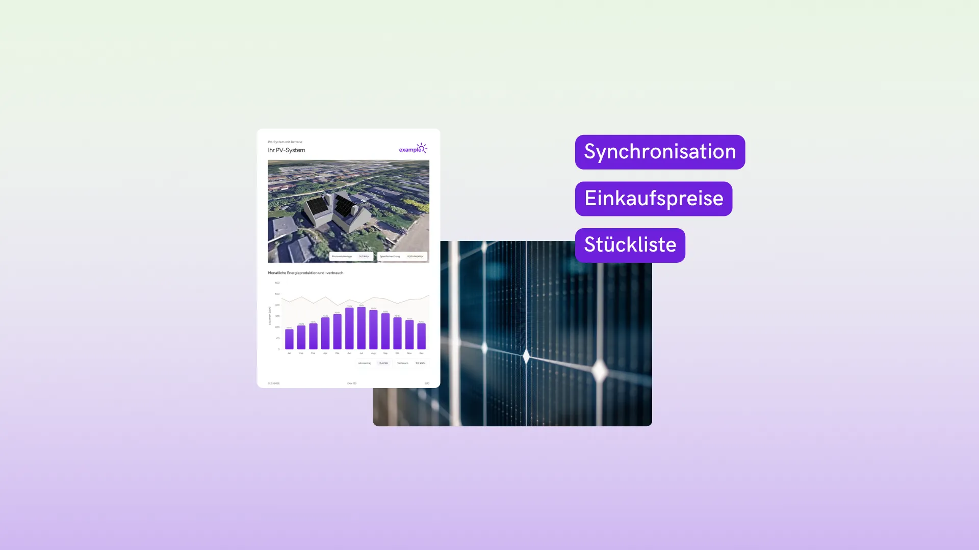 Une offre d’installation PV à côté d’un gros plan de panneau solaire, avec les étiquettes Synchronisation, Einkaufspreise et Stückliste