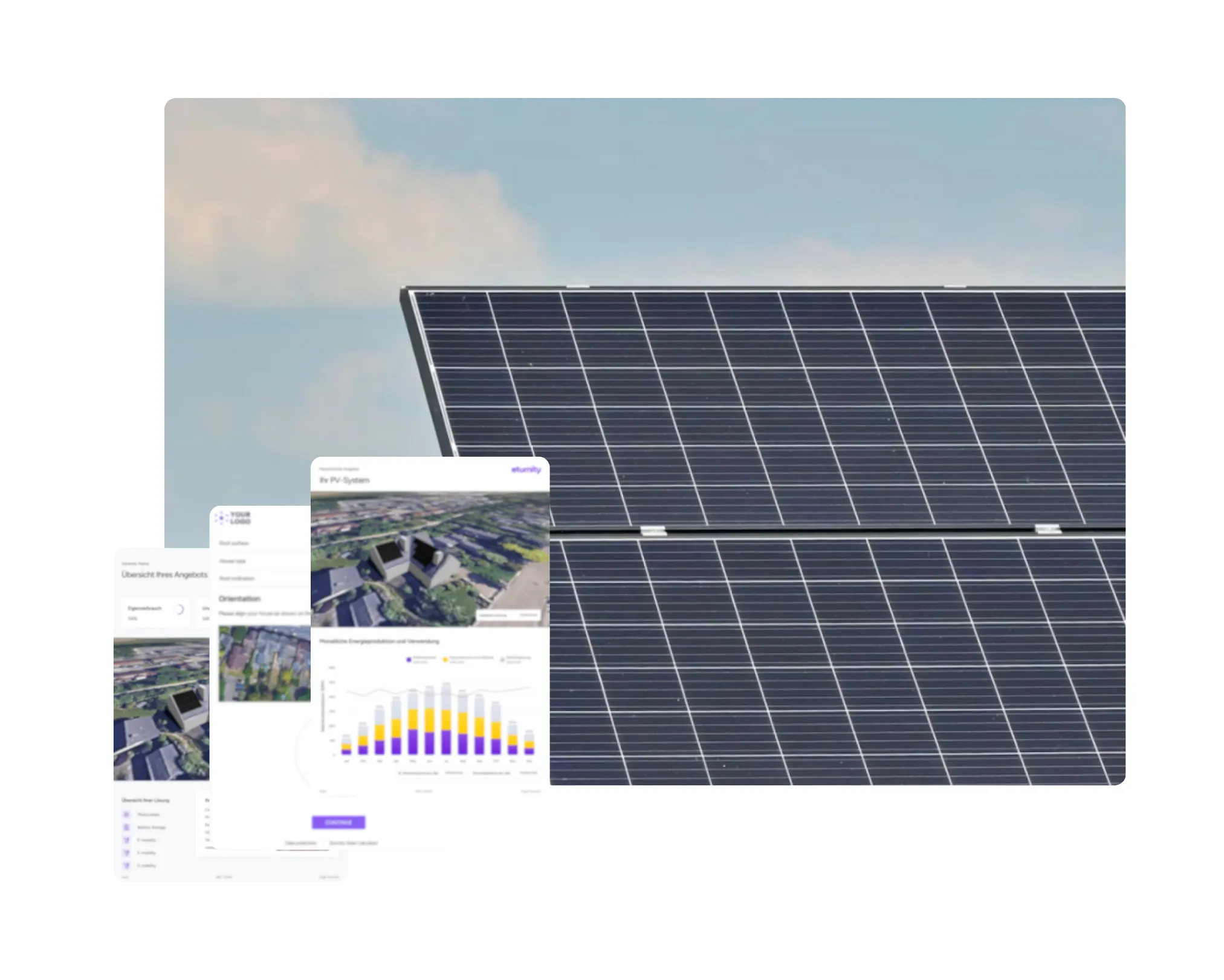 Solarmodule vor blauem Himmel, davor Ansichten des Eturnity-Solarrechners mit Angebotsübersicht, Dachausrichtung und Energieprognose