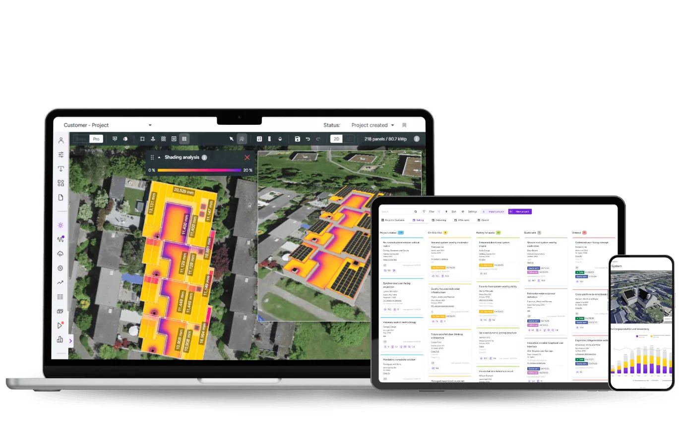 Eturnity Expert auf Laptop, Tablet und Smartphone: ein 3D-Dach mit Verschattungsanalyse, ein Projektboard und Energiediagramme