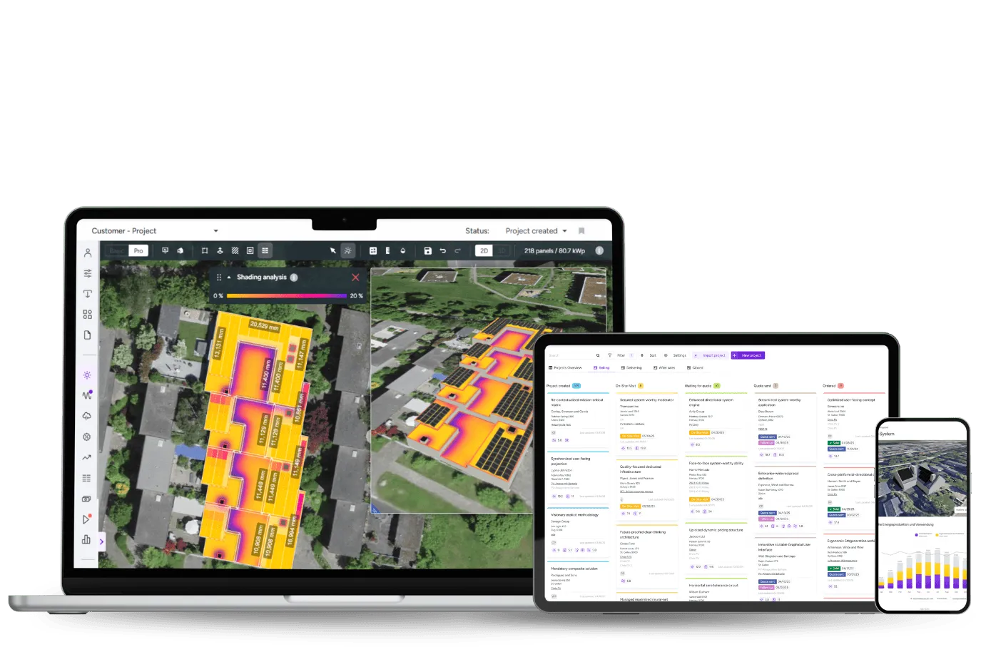 Eturnity Expert software shown on a laptop, tablet and phone — a 3D rooftop with a shading-analysis heatmap, a project pipeline board and energy charts