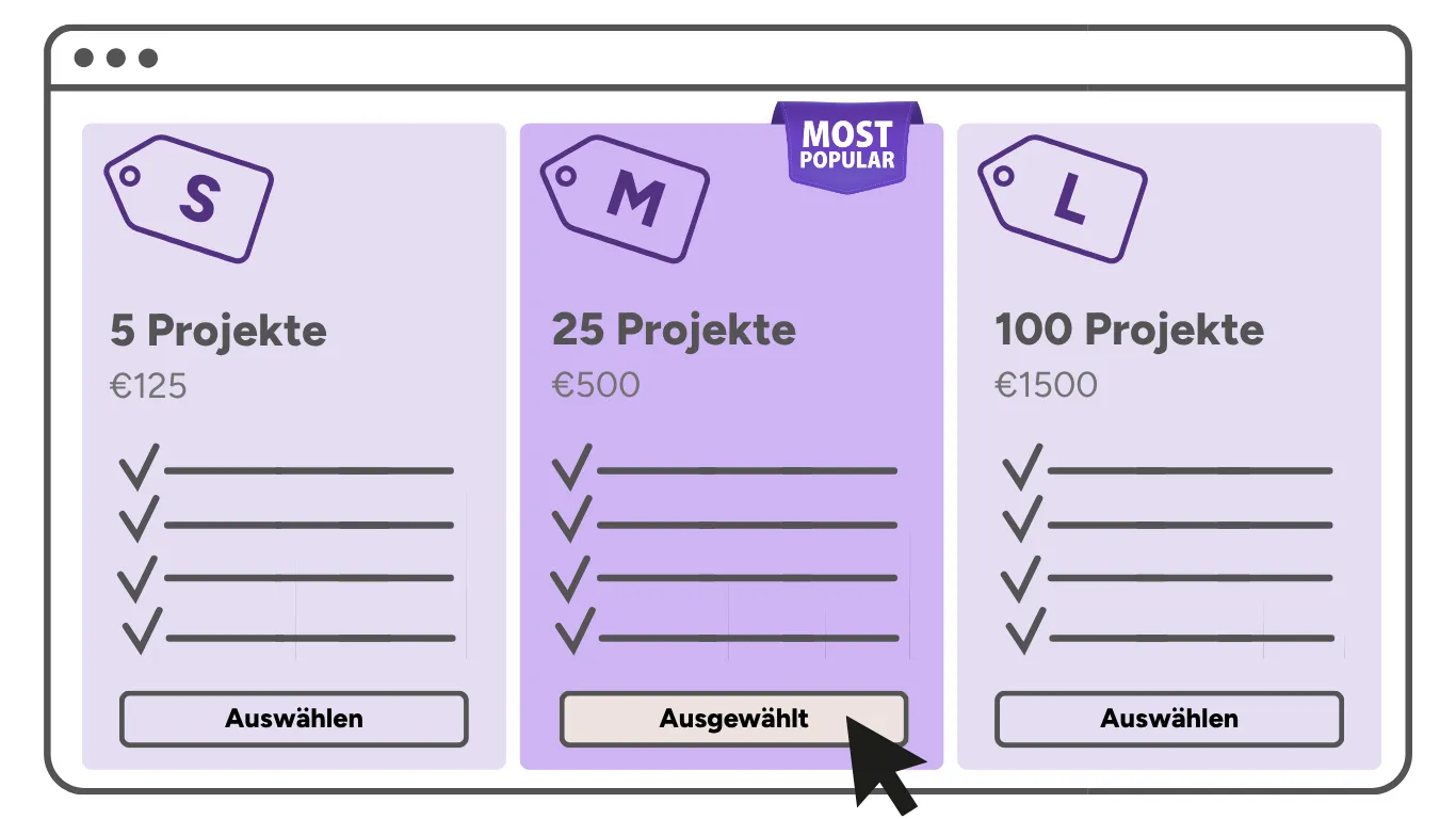 Drei Zusatzpakete für 5, 25 und 100 Projekte zu 125 €, 500 € und 1500 €, das Paket mit 25 Projekten ist ausgewählt