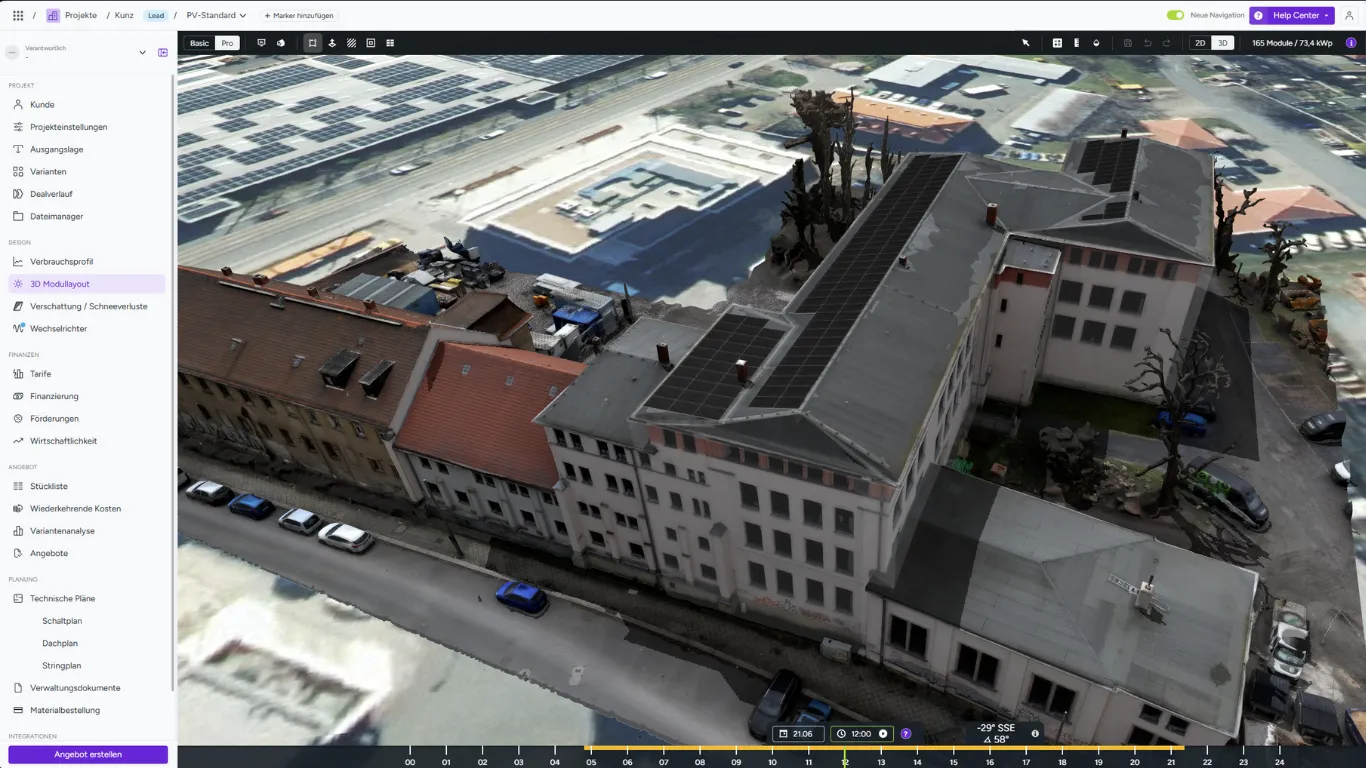 A drone 3D model of a building with solar panels, open in Eturnity Expert