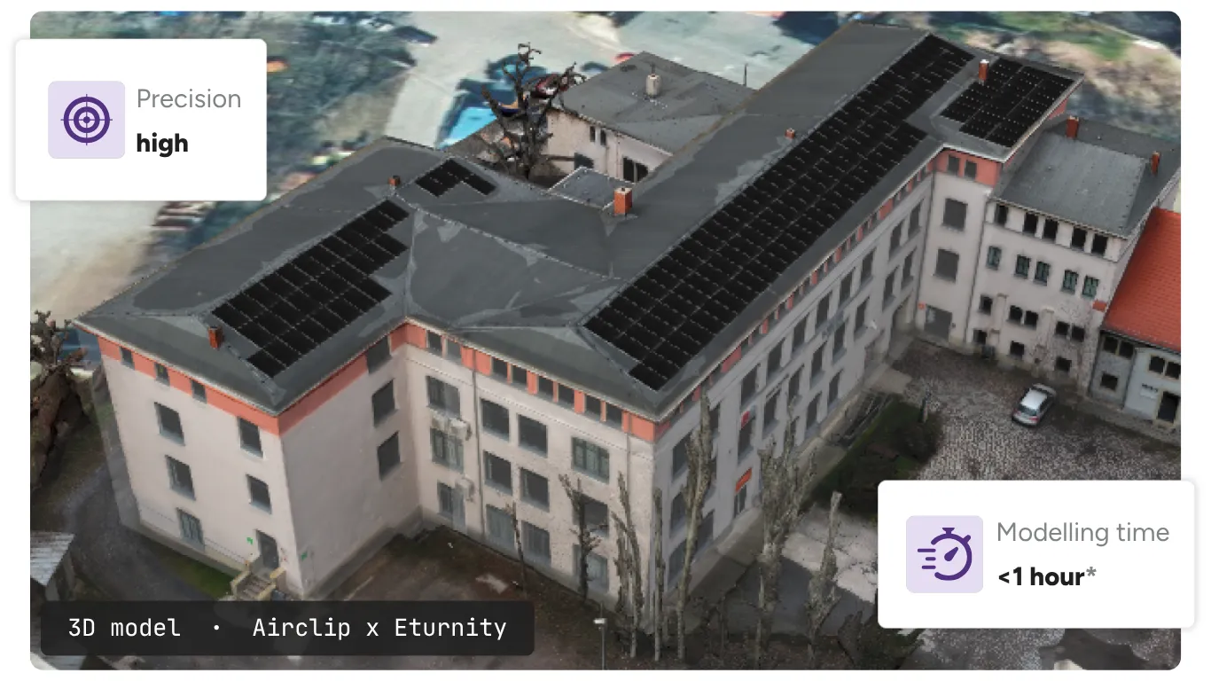 Drone 3D model of a building with solar panels on its roof, with high precision and under one hour of modelling time