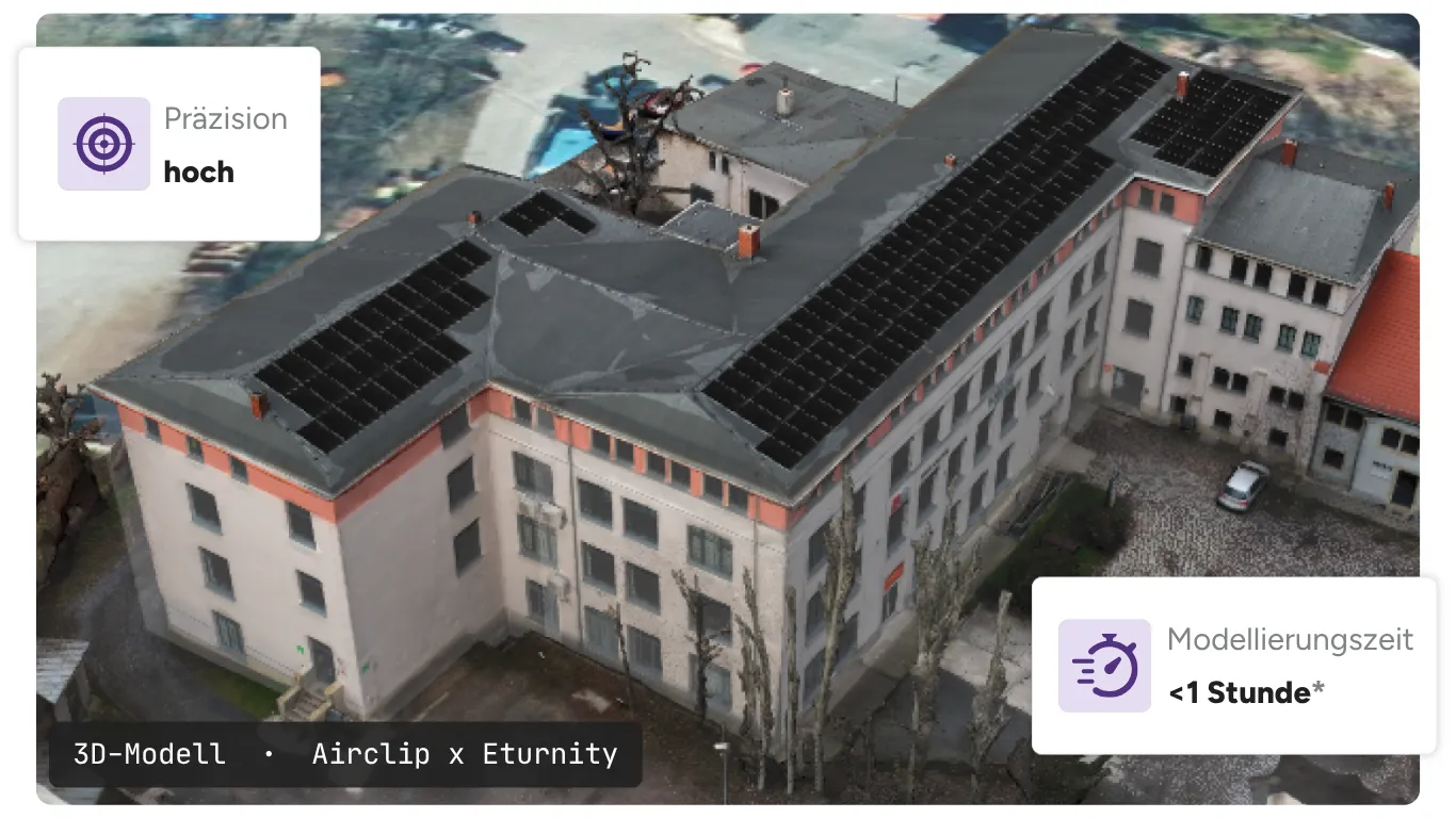 3D-Drohnenmodell eines Gebäudes mit Solarmodulen, mit hoher Präzision und unter einer Stunde Modellierungszeit