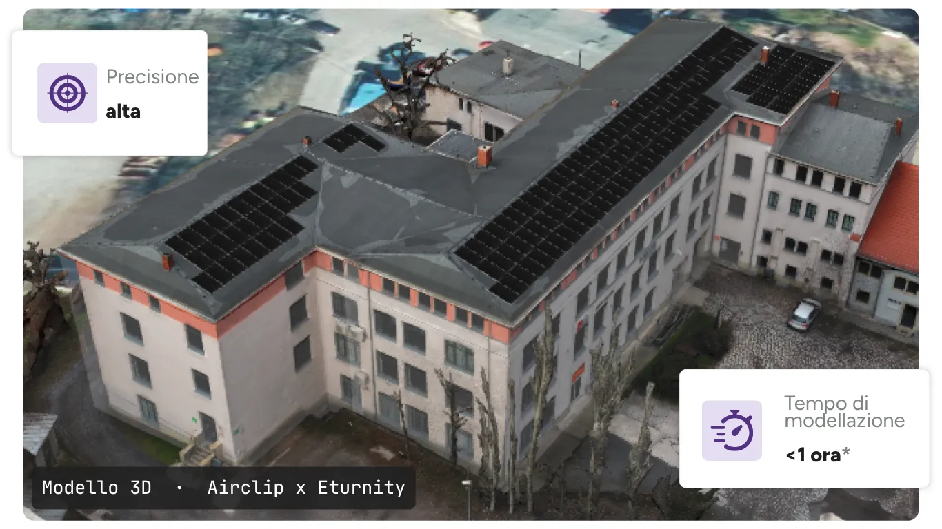 Il modello 3D Airclip x Eturnity di un grande edificio con pannelli solari sul tetto, con precisione alta e meno di un’ora di modellazione
