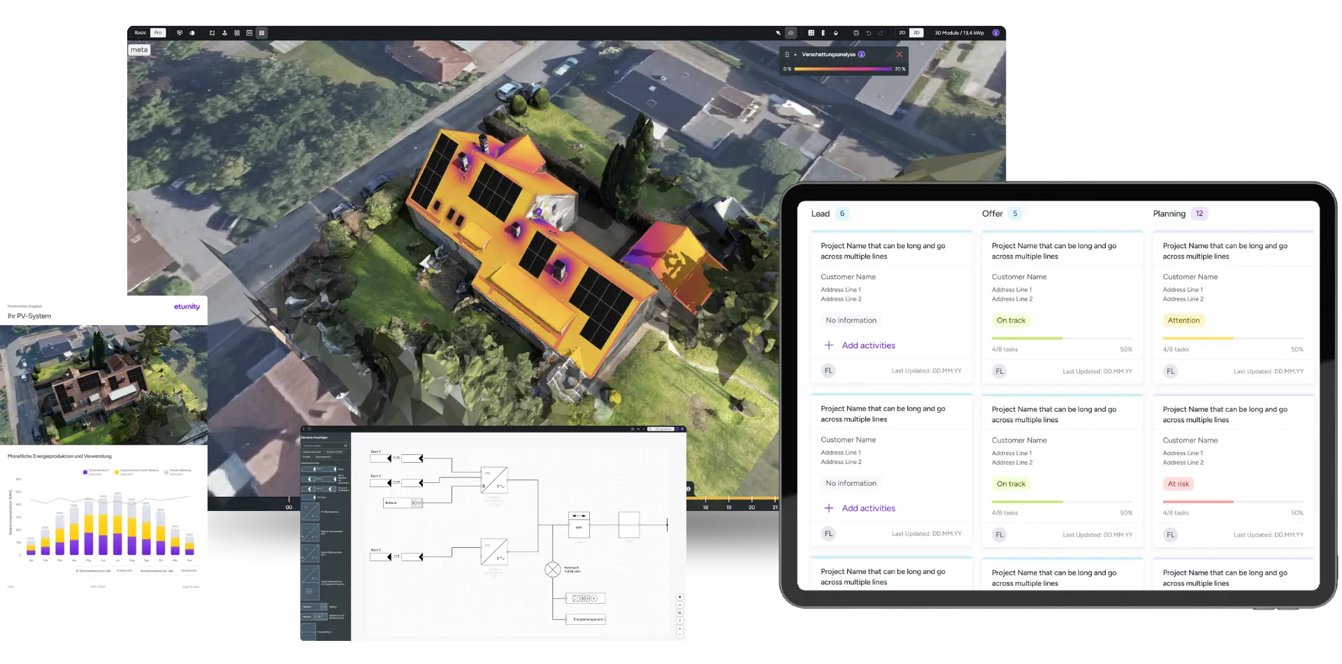 Eturnity on screen: a 3D roof shading analysis, a string diagram, a PV proposal and a project board
