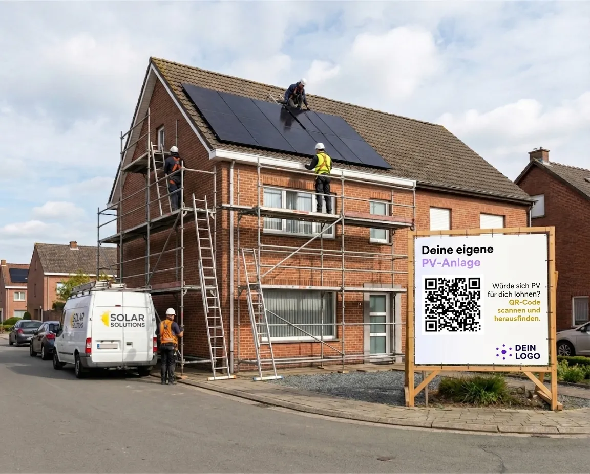 Installateure montieren Module auf einem Hausdach, davor ein Plakat „Deine eigene PV-Anlage“ mit QR-Code