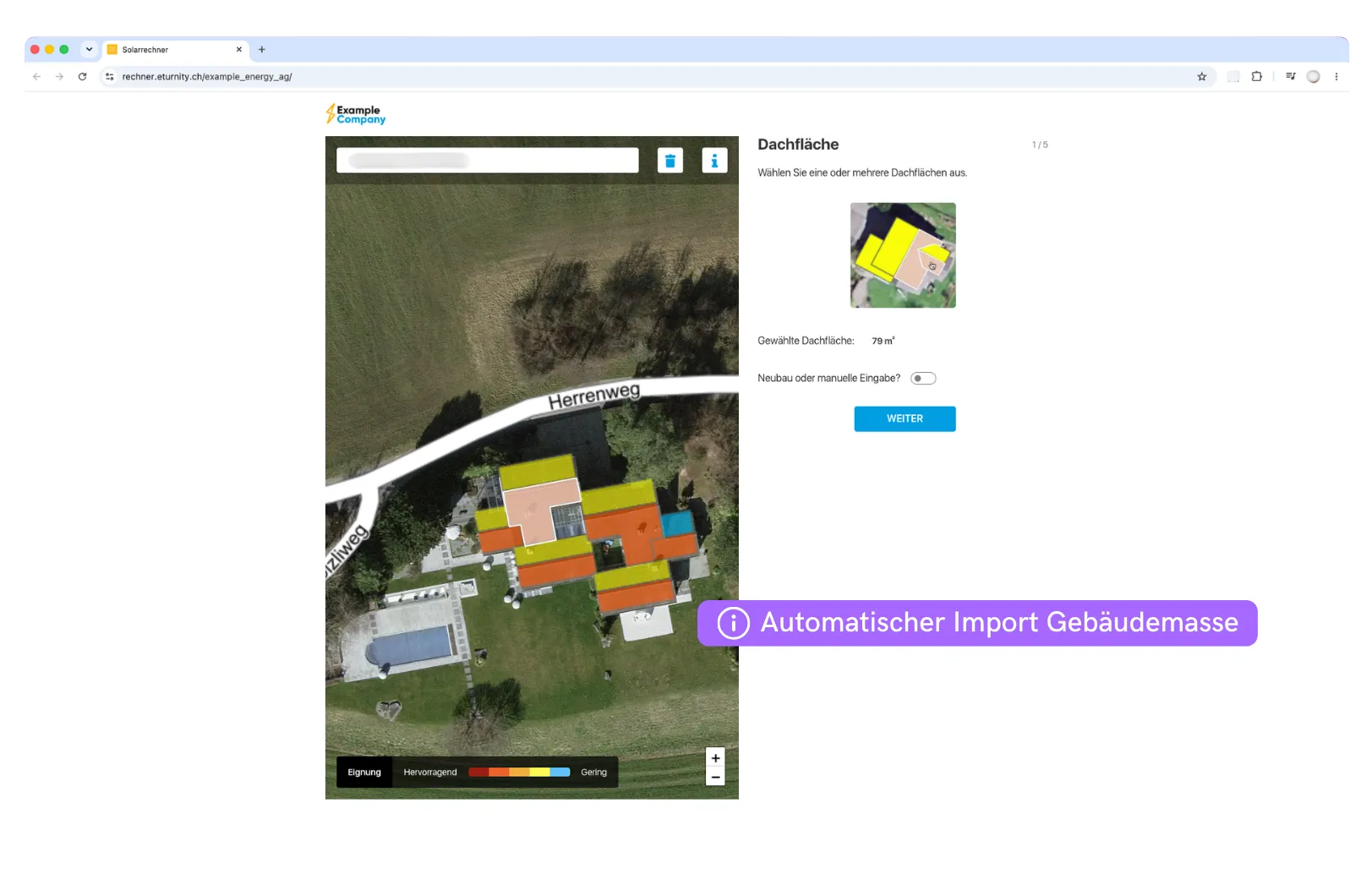 Der Solarrechner im Browser: die Dachflächen eines Hauses sind im Luftbild nach Eignung eingefärbt