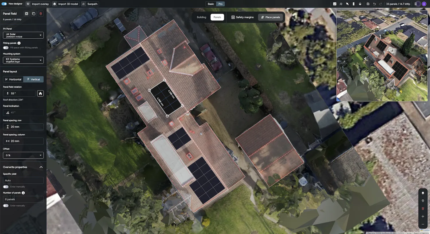 Eturnity's panel layout tool placing solar panels on a 3D drone model of a house roof