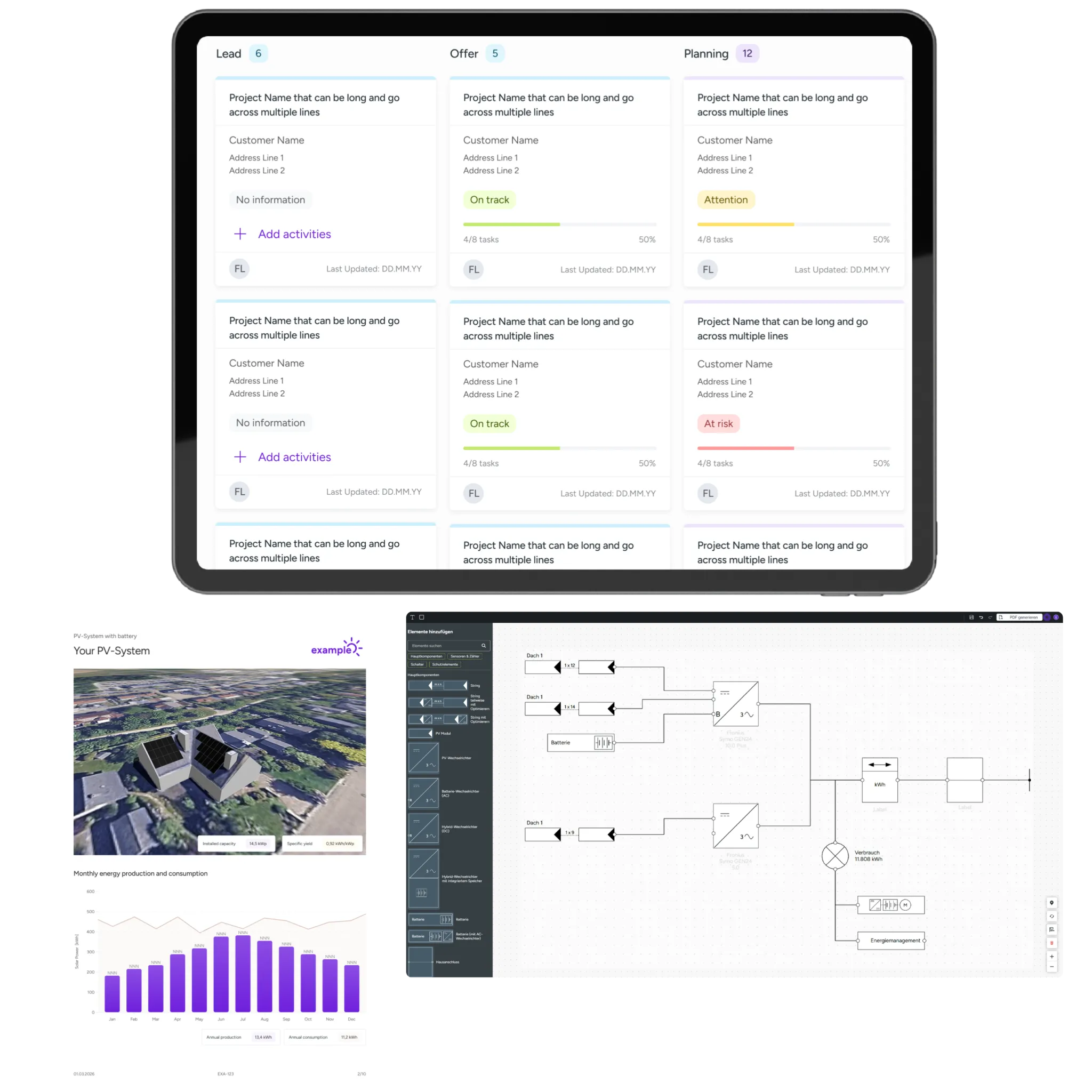 A tablet showing a project Kanban board with Lead, Offer and Planning columns, next to a proposal page and a single line diagram