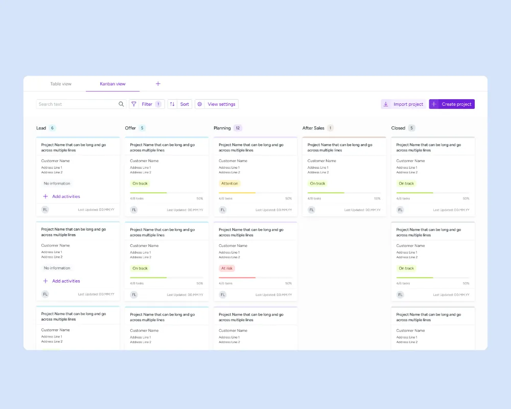 Ein Kanban-Board mit Projekten in den Spalten Lead, Offer, Planning, After Sales und Closed