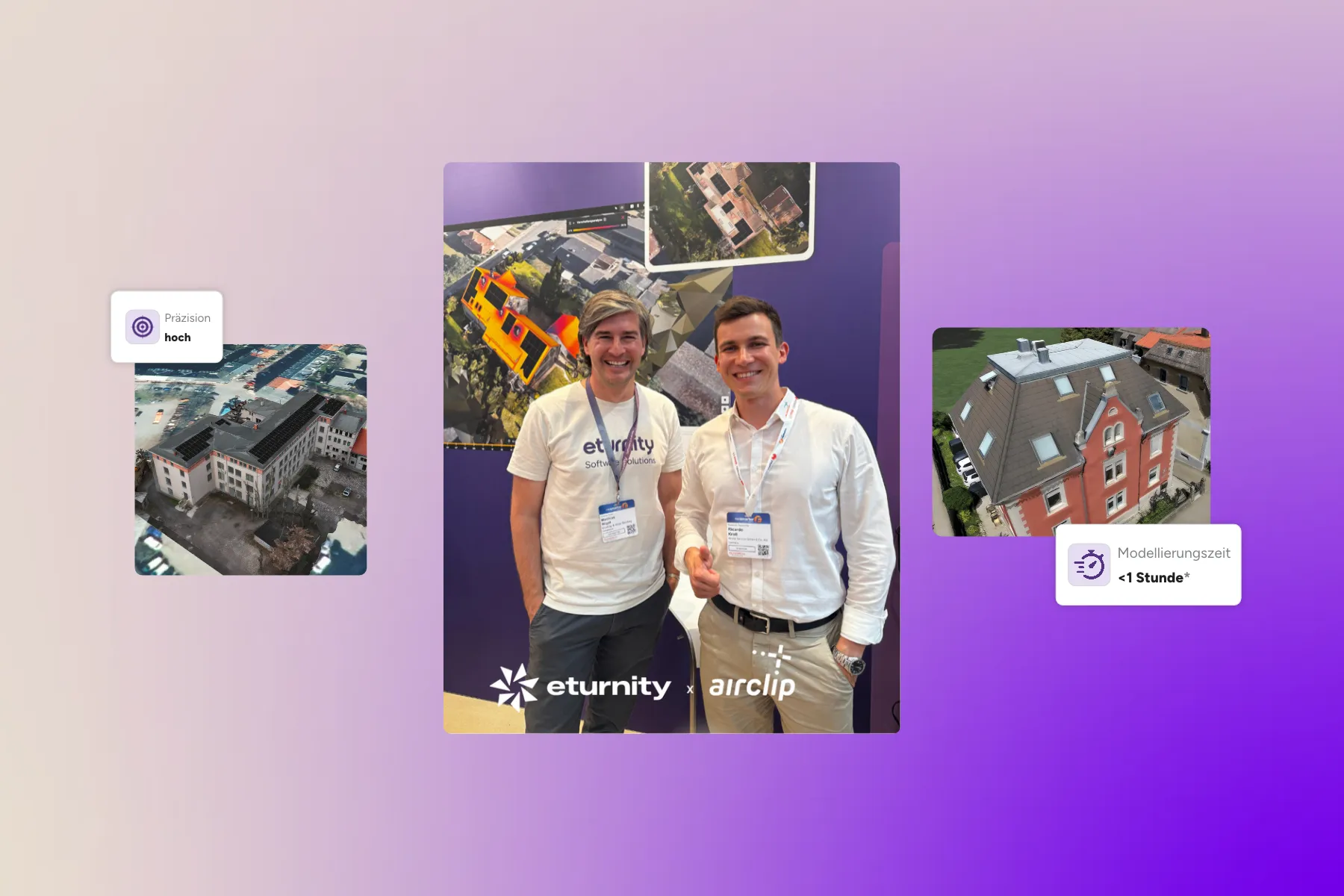 Zwei Männer geben sich am Messestand von Eturnity und Airclip die Hand, daneben Luftaufnahmen von Dächern und Hinweise zu hoher Präzision und einer Modellierungszeit von unter einer Stunde