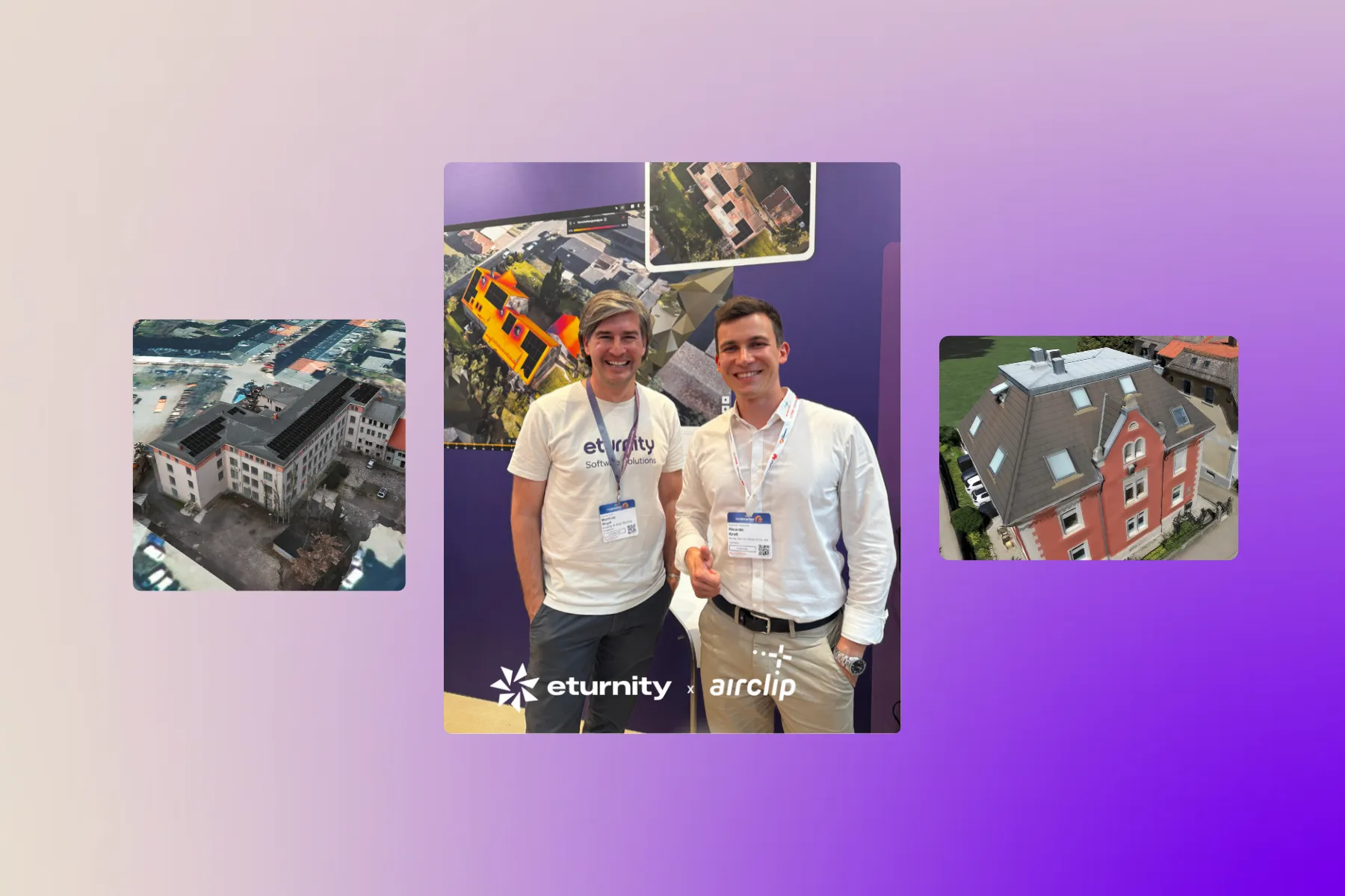 Collage montrant deux hommes qui se serrent la main sur le stand Eturnity et Airclip, à côté de photos aériennes de toitures