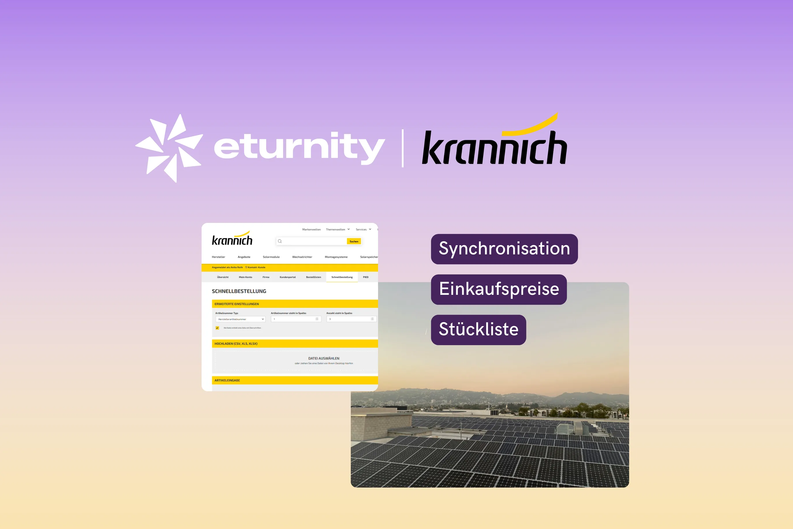 Die Logos von Eturnity und Krannich über einem Screenshot der Krannich-Schnellbestellung, einem Foto einer Solaranlage auf dem Dach und den Schlagwörtern Synchronisation, Einkaufspreise und Stückliste