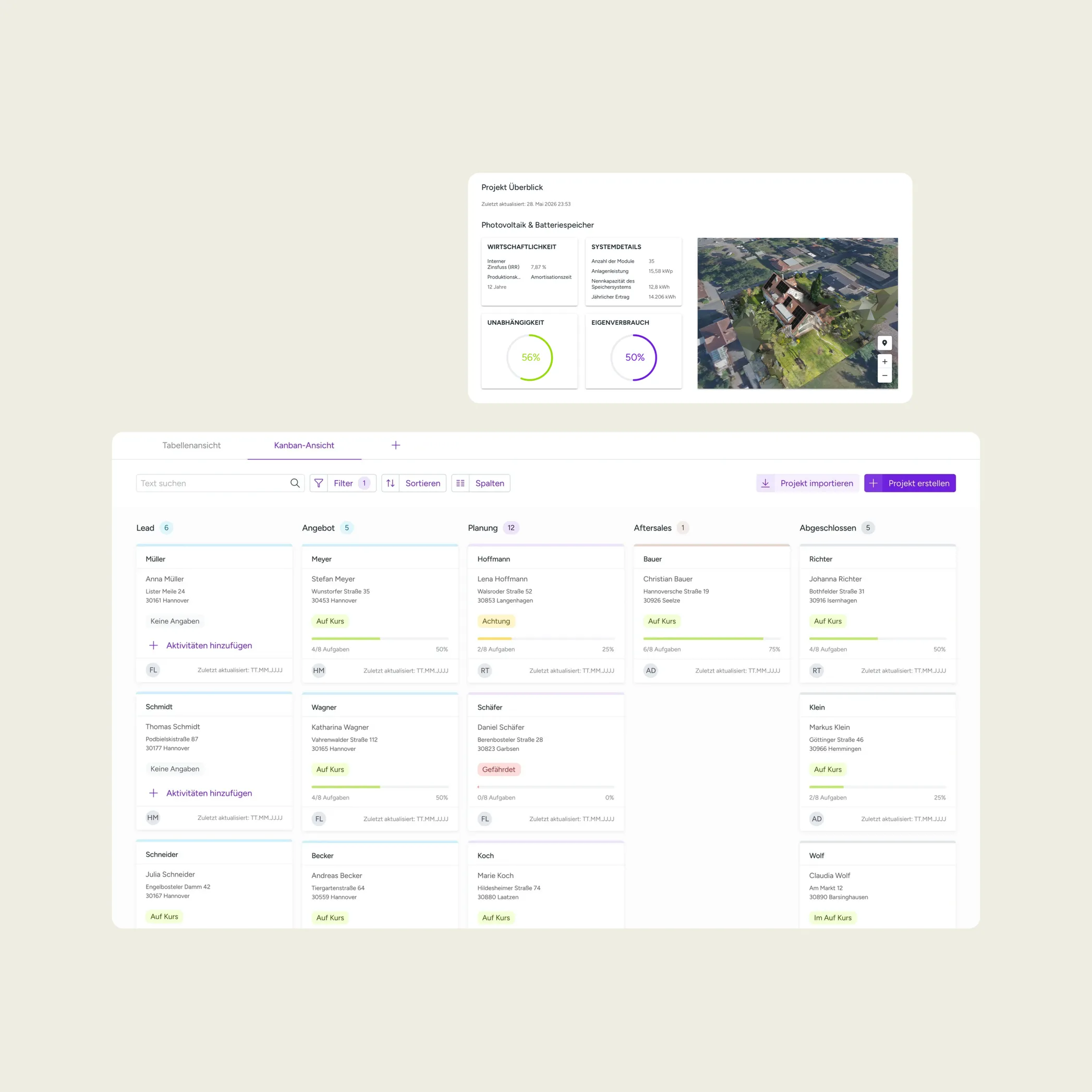 Projektübersicht einer PV-Anlage mit Kennzahlen und Luftbild, darunter ein Kanban-Board mit Kundenprojekten in den Spalten Lead, Angebot, Planung, Aftersales und Abgeschlossen
