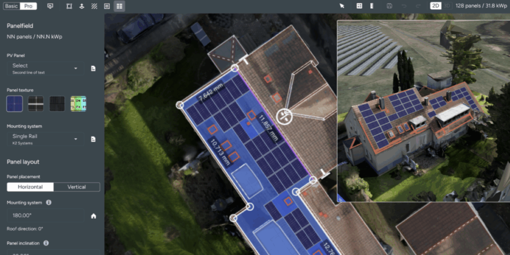 2D and 3D rooftop design of a PV system in the Eturnity software